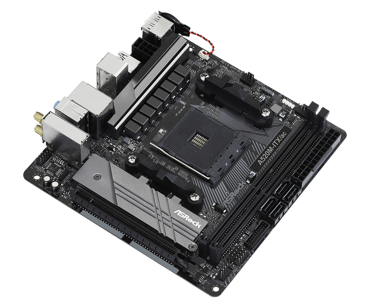 ASRock A520M-ITX/ac - Motherboard - Mini-ITX - Socket AM4 - AMD A520 - USB-C Gen1, USB 3,2 Gen 1 - Gigabit LAN, Wi-Fi, Bluetooth - Onboard-Grafik (CPU erforderlich) - HD Audio (8-Kanal) (90-MXBDG0-A0UAYZ)