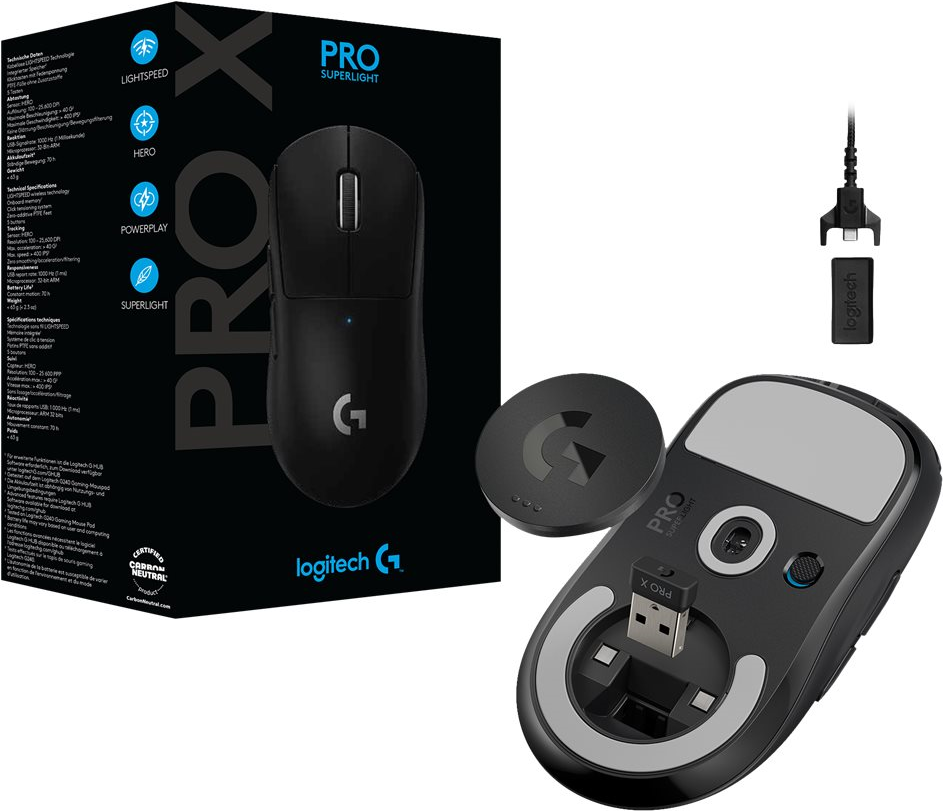 Logitech PRO X SUPERLIGHT Wireless Gaming Mouse - Maus - optisch - 5 Tasten - kabellos - LIGHTSPEED - Logitech LIGHTSPEED-Receiver - Schwarz