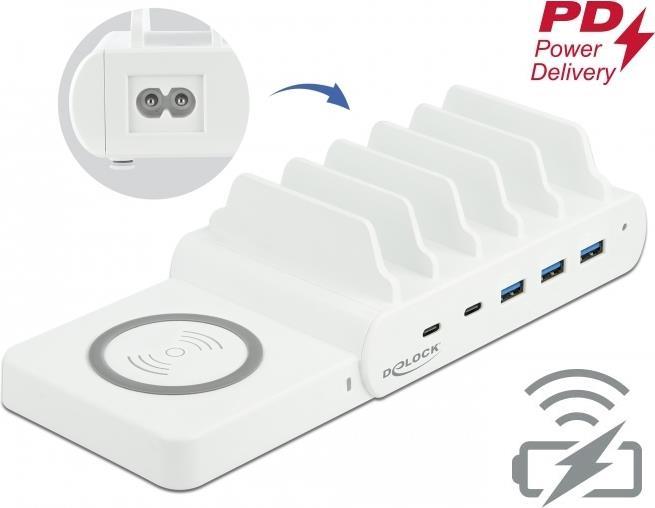 DeLOCK USB and Wireless Charger - Ladestation + AC-Netzteil - 110 Watt - 5 A - PD - 5 Ausgabeanschlussstellen (3 x USB Typ A, 2 x 24 poliger USB-C) - weiß (41450)