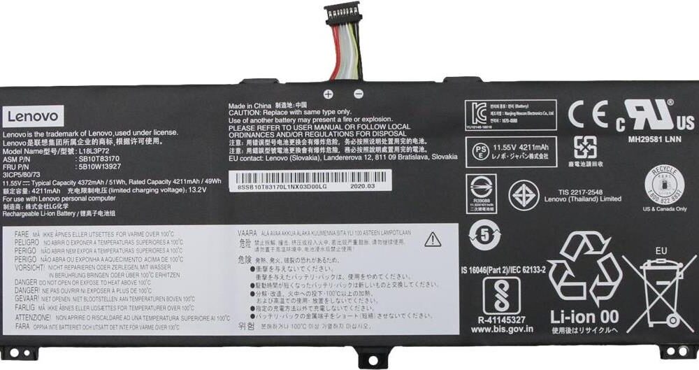 Lenovo - Laptop-Batterie - Lithium-Ionen - 3 Zellen - 4211 mAh - 49 Wh - für ThinkPad X13 Yoga Gen 1 20SX, 20SY, X390 Yoga 20NN, 20NQ (5B10W13927)