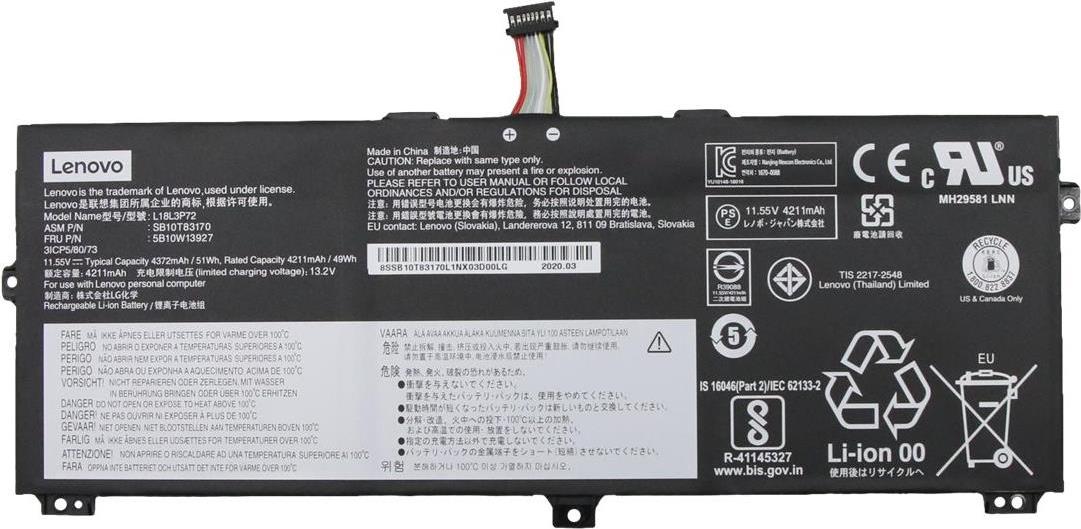 Lenovo - Laptop-Batterie - Lithium-Ionen - 3 Zellen - 4211 mAh - 49 Wh - für ThinkPad X13 Yoga Gen 1 20SX, 20SY, X390 Yoga 20NN, 20NQ (5B10W13927)