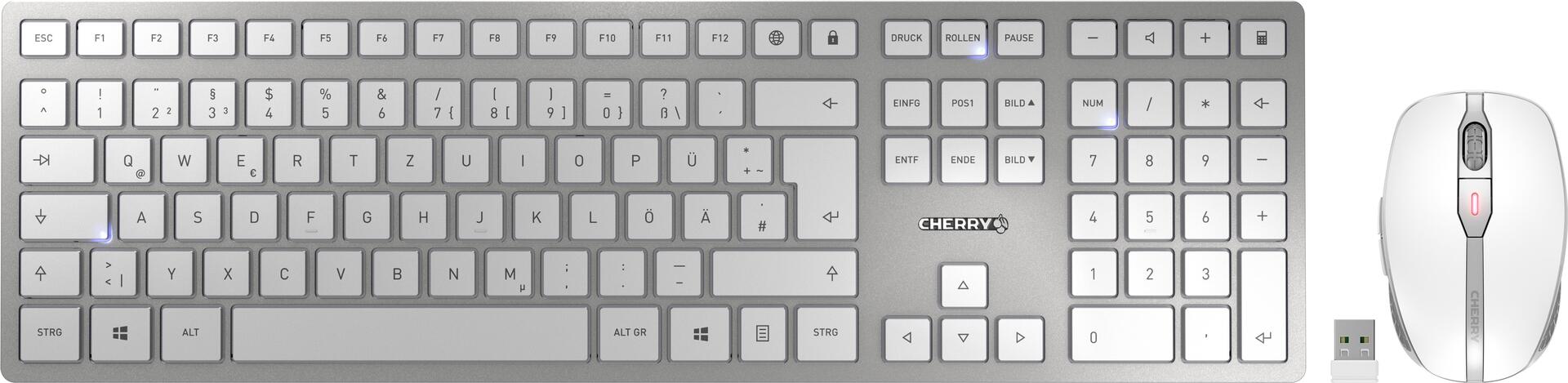 CHERRY DW 9100 SLIM - Tastatur-und-Maus-Set - kabellos - 2,4 GHz, Bluetooth 4,2 - QWERTZ - Deutsch - Weiß/Silber (JD-9100DE-1)