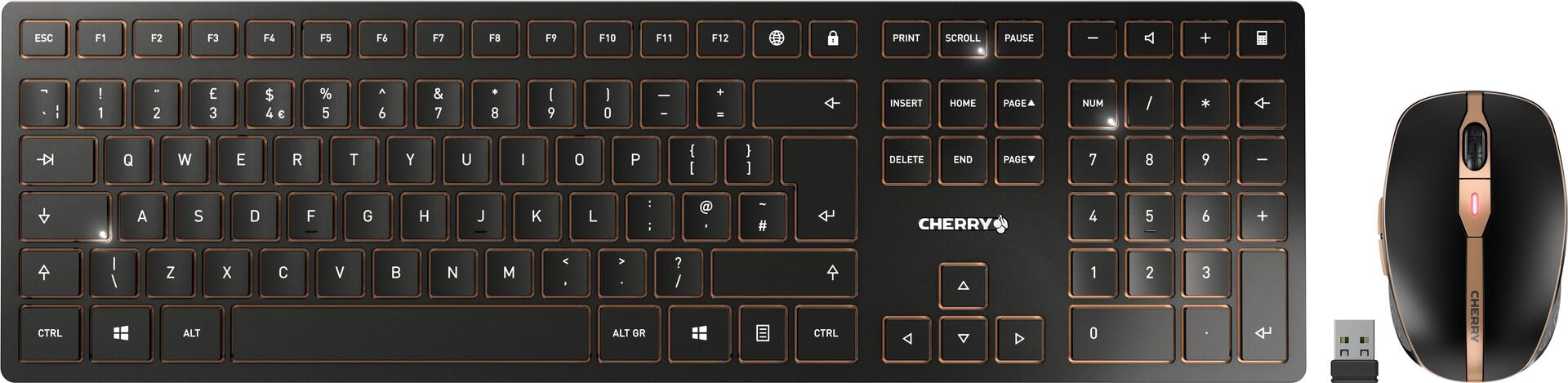 CHERRY DW 9100 - Tastatur-und-Maus-Set - kabellos - 2,4 GHz, Bluetooth 4,0, Bluetooth 4,2 - QWERTY - GB - Tastenschalter: CHERRY SX - schwarz/bronze (JD-9100GB-2)