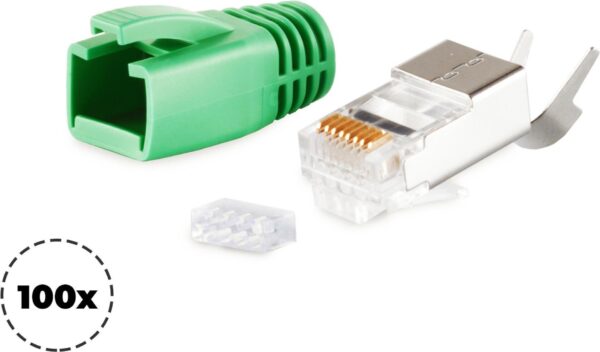 S/CONN maximum connectivity Netzwerk Modular Stecker RJ45 SET für Verlegekabel bis AWG 23, Stecker mit Zugentlastung, Einführhilfe und Tülle, grün VE 100 (72067-100G)