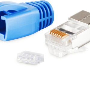 shiverpeaks ®-BASIC-S--Netzwerk Modular Stecker RJ45 SET für Verlegekabel bis AWG 23, Stecker mit Zugentlastung, Einführhilfe und Tülle, blau VE 100 (BS72067-100B)