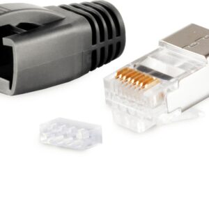 shiverpeaks ®-BASIC-S--Netzwerk Modular Stecker RJ45 SET für Verlegekabel bis AWG 23, Stecker mit Zugentlastung, Einführhilfe und Tülle, schwarz VE 100 (BS72067-100S)