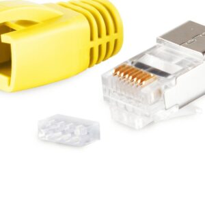 shiverpeaks ®-BASIC-S--Netzwerk Modular Stecker RJ45 SET für Verlegekabel bis AWG 23, Stecker mit Zugentlastung, Einführhilfe und Tülle, gelb VE 100 (BS72067-100Y)