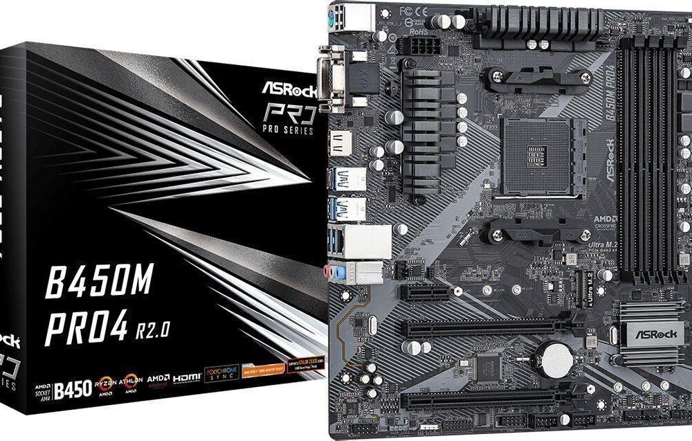 ASRock B450M Pro4 R2,0 - Motherboard - micro ATX - Socket AM4 - AMD B450 Chipsatz - USB-C Gen2, USB 3,2 Gen 1, USB 3,2 Gen 2 - Gigabit LAN - Onboard-Grafik (CPU erforderlich) - HD Audio (8-Kanal) (90-MXBEG0-A0UAYZ)