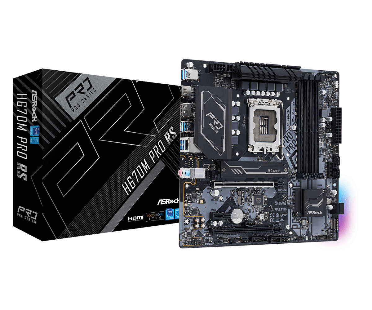 ASRock H670M Pro RS - Motherboard - micro ATX - LGA1700-Sockel - H670 Chipsatz - USB-C Gen1, USB 3,2 Gen 1, USB 3,2 Gen 2 - Gigabit LAN - Onboard-Grafik (CPU erforderlich) - HD Audio (8-Kanal) (90-MXBHK0-A0UAYZ)