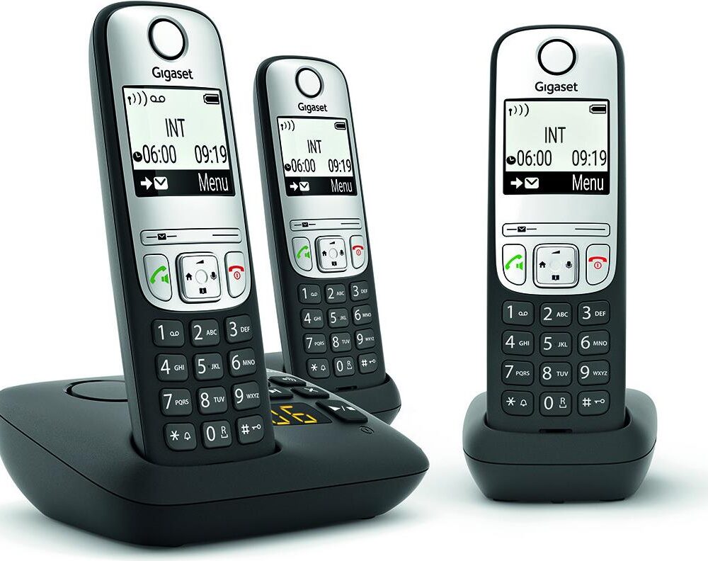 Gigaset A690A Trio - Schnurlostelefon - Anrufbeantworter mit Rufnummernanzeige - ECO DECTGAP - Schwarz + 2 zusätzliche Handsets