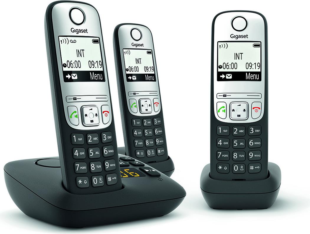 Gigaset A690A Trio - Schnurlostelefon - Anrufbeantworter mit Rufnummernanzeige - ECO DECTGAP - Schwarz + 2 zusätzliche Handsets