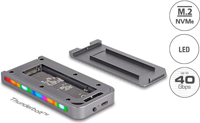 Delock - Speichergehäuse - 40 Gbps, Gaming-Stil, mit LED und Lüfter, werkzeugfrei - M.2 - M.2 NVMe Card - USB4, Thunderbolt 4, Thunderbolt 3 - Silber (42025)