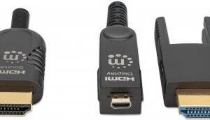 MANHATTAN Aktives optisches High Speed HDMI-Glasfaserkabel mit abnehmbarem Stecker 4K@60Hz UHD, HDMI-Stecker auf Micro-HDMI-Stecker (Typ D) und abnehmbarer HDMI-Stecker (Typ A), 20 m, HEC, ARC, vergoldete Kontakte, schwarz (355513)