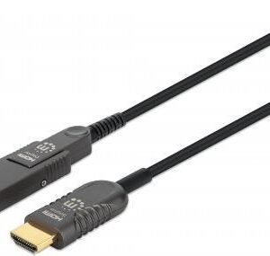 MANHATTAN Aktives optisches High Speed HDMI-Glasfaserkabel mit abnehmbarem Stecker 4K@60Hz UHD, HDMI-Stecker auf Micro-HDMI-Stecker (Typ D) und abnehmbarer HDMI-Stecker (Typ A), 50 m, HEC, ARC, vergoldete Kontakte, schwarz (355537)