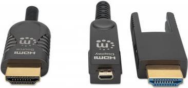 MANHATTAN Aktives optisches High Speed HDMI-Glasfaserkabel mit abnehmbarem Stecker 4K@60Hz UHD, HDMI-Stecker auf Micro-HDMI-Stecker (Typ D) und abnehmbarer HDMI-Stecker (Typ A), 70 m, HEC, ARC, vergoldete Kontakte, schwarz (355544)