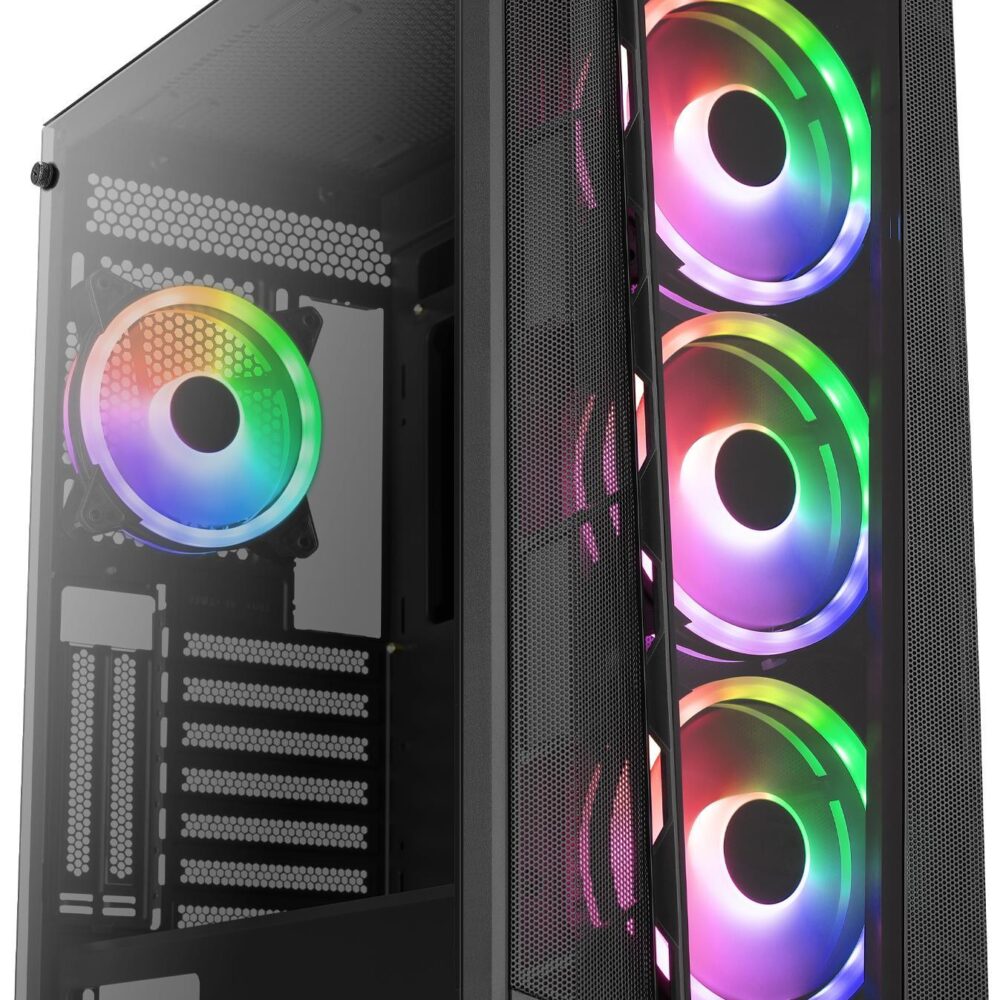 Aerocool Prism ARGB. Typ: PC, Produktfarbe: Schwarz, Unterstützte Motherboards Formfaktoren: ATX, micro ATX, Mini-ITX. Unterstützte Stromversorgungs-Formfaktoren: ATX. Installierte Lüfter (Vorderseite): 3x 120 mm, Durchmesser unterstützte Vorderseitenlüfter: 120,140 mm, Installierte Lüfter hinten: 1x 120 mm. Breite: 216,7 mm, Tiefe: 403 mm, Höhe: 477 mm (ACCM-PB29143.11)