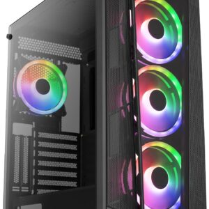 Aerocool Prism ARGB. Typ: PC, Produktfarbe: Schwarz, Unterstützte Motherboards Formfaktoren: ATX, micro ATX, Mini-ITX. Unterstützte Stromversorgungs-Formfaktoren: ATX. Installierte Lüfter (Vorderseite): 3x 120 mm, Durchmesser unterstützte Vorderseitenlüfter: 120,140 mm, Installierte Lüfter hinten: 1x 120 mm. Breite: 216,7 mm, Tiefe: 403 mm, Höhe: 477 mm (ACCM-PB29143.11)