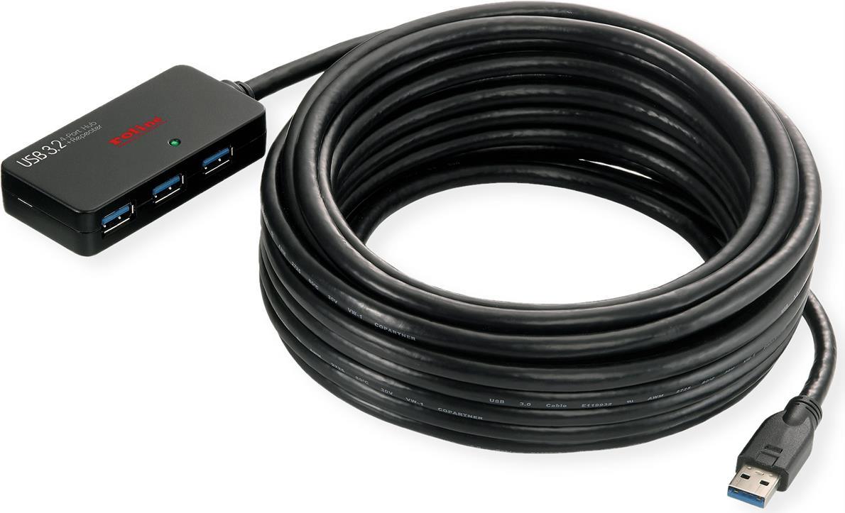 ROLINE USB 3.2 Gen 1 4-Port Hub mit Repeater, schwarz, 10 m (12.04.1098)