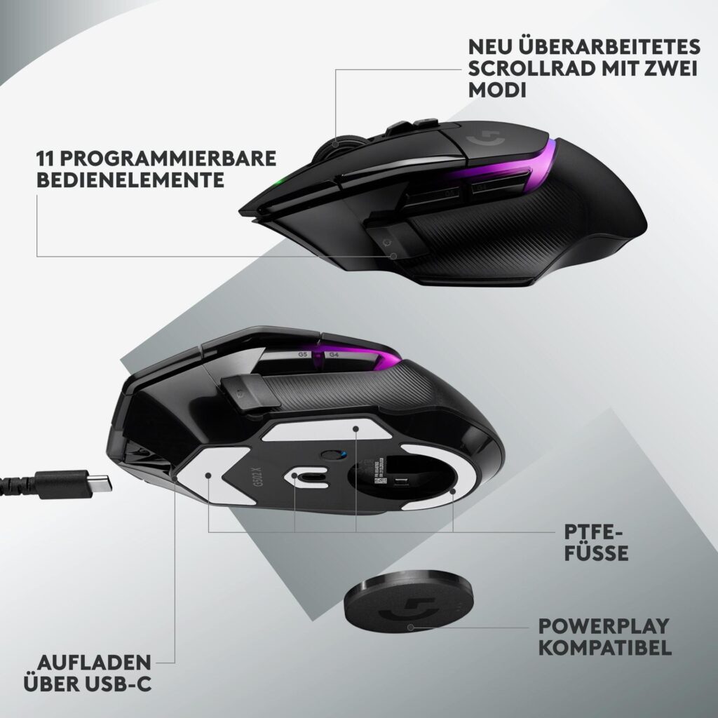 Logitech G G502 X PLUS - Maus - optisch - 8 Tasten - kabellos - LIGHTSPEED - Logitech LIGHTSPEED-Receiver - Schwarz (910-006162)