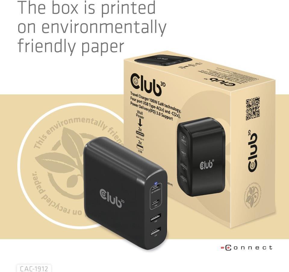 CLUB3D CAC-1912EU Travel Charger 100W - 100 W - 100 - 240 V - 50/60 Hz - Überlastung - Überspannung - Schwarz - USB (CAC-1912EU)