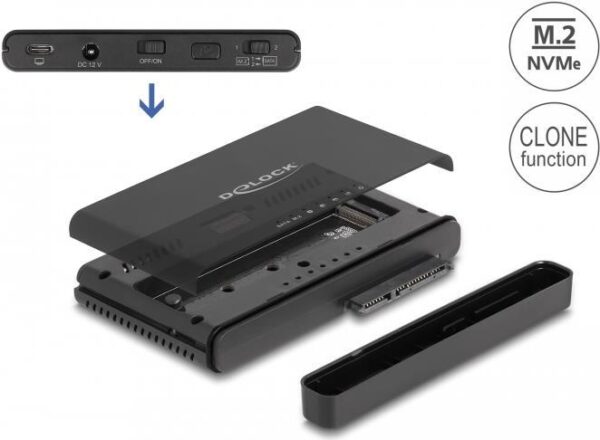 Delock - Speicher-Controller mit One-Touch-Klonen - 2.5" / 3.5" gemeinsam genutzt, M.2 (6,4 cm/8,9 cm gemeinsam genutzt) - M.2 NVMe Card / SATA 6Gb/s - USB 3,2 (Gen 2) - Schwarz (64190)