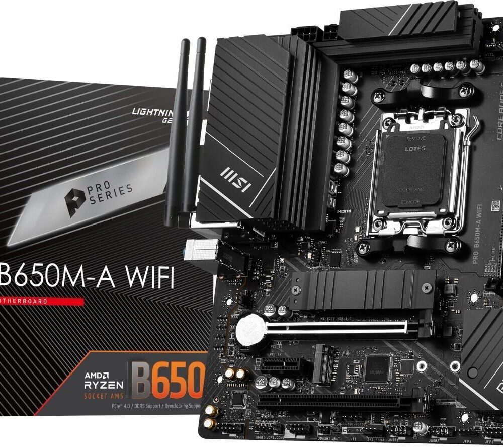 MSI PRO B650M-A WIFI - Motherboard - Mini-ATX - Socket AM5 - AMD B650 Chipsatz - USB 3,2 Gen 1, USB 3,2 Gen 2, USB-C 3,2 Gen2 - 2,5 Gigabit LAN, Wi-Fi, Bluetooth - Onboard-Grafik (CPU erforderlich) - HD Audio (8-Kanal) (7D77-001R)