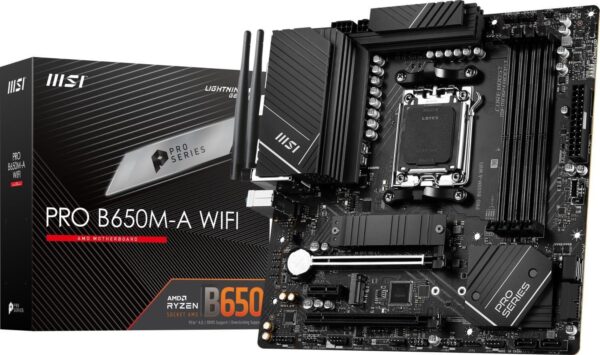 MSI PRO B650M-A WIFI - Motherboard - Mini-ATX - Socket AM5 - AMD B650 Chipsatz - USB 3,2 Gen 1, USB 3,2 Gen 2, USB-C 3,2 Gen2 - 2,5 Gigabit LAN, Wi-Fi, Bluetooth - Onboard-Grafik (CPU erforderlich) - HD Audio (8-Kanal) (7D77-001R)