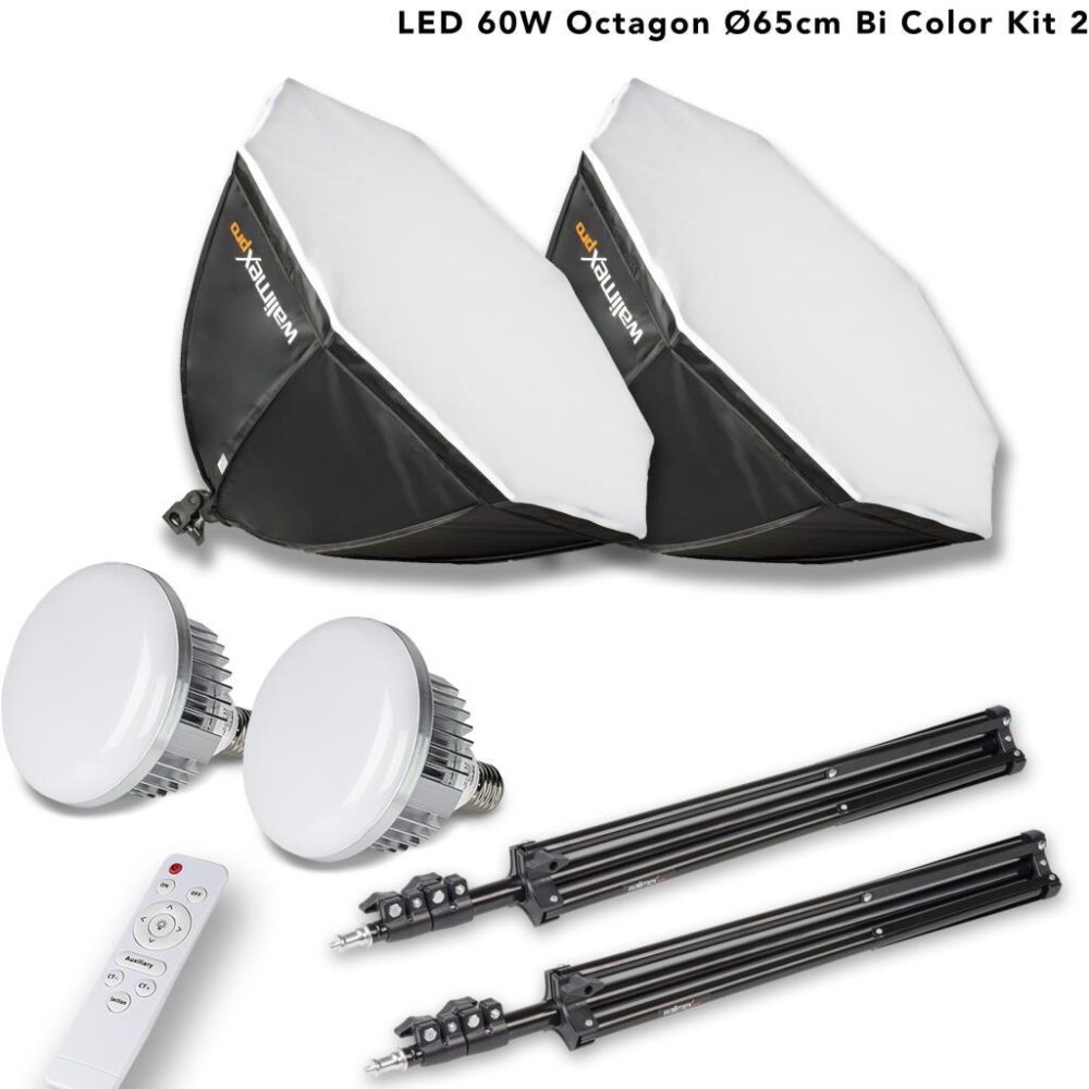 Walimex pro 2X Softbox Octagon Ø65cm 60W Bi Color LED I inkl. 2X Stativ, 2X Diffusor, Tasche & Fernbedienung I Farbtemperatur 3.000 - 6.000 K I Profi-Fotos & Videos I Neigbar, hohe Farbgenauigkeit (1023108)