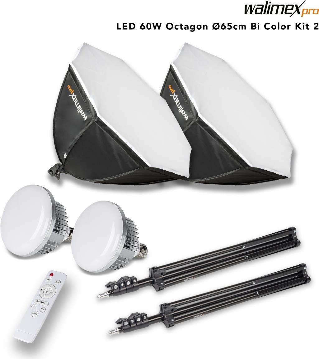 Walimex pro 2X Softbox Octagon Ø65cm 60W Bi Color LED I inkl. 2X Stativ, 2X Diffusor, Tasche & Fernbedienung I Farbtemperatur 3.000 - 6.000 K I Profi-Fotos & Videos I Neigbar, hohe Farbgenauigkeit (1023108)