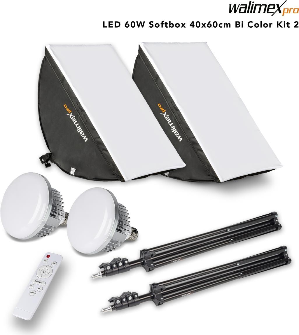 Walimex pro 2X Softbox 40x60cm 60W Bi Color LED I leistungsstarkes Dauerlicht inkl. 2X Stativ, 2X Diffusor & Fernbedienung I Farbtemperatur 3.000 - 6.000 K I Für Profi-Fotos & Videos I CRI 95+ (1023109)