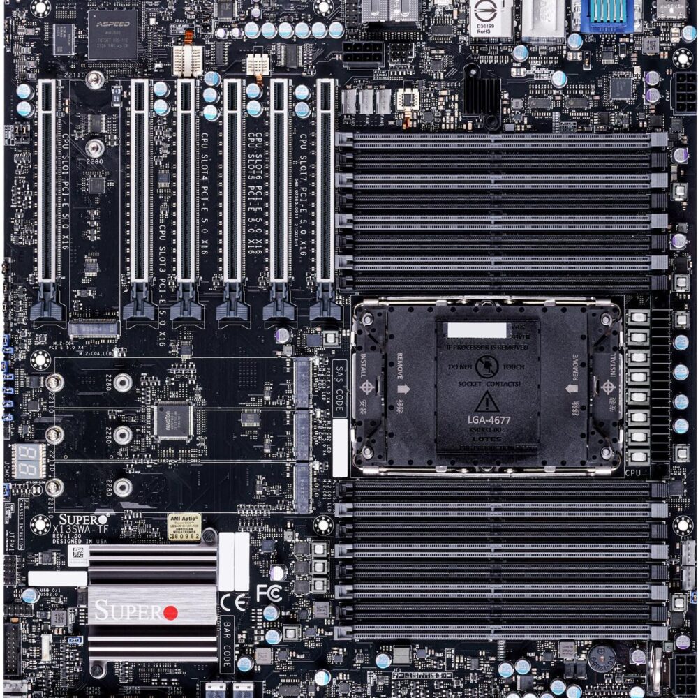 Super Micro SUPERMICRO X13SWA-TF - Motherboard - E-ATX - LGA4677 Socket-E - W790 Chipsatz - USB 3,2 Gen 1, USB-C 3,2 Gen 2x2, USB 3,1 Gen 2 - 10 Gigabit LAN, Gigabit LAN - Onboard-Grafik - 8-Kanal-Audio (MBD-X13SWA-TF-O)