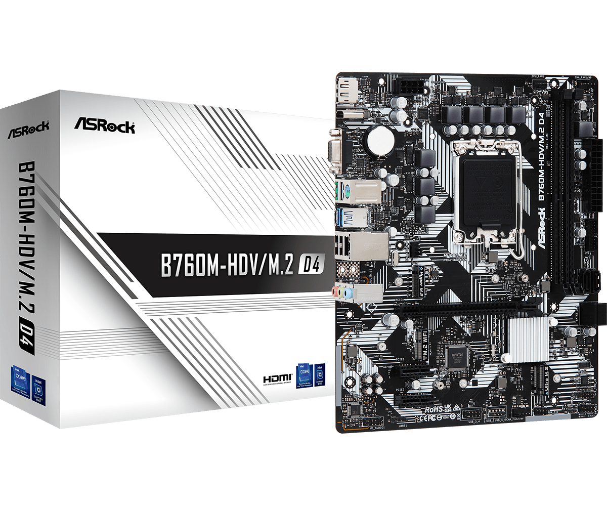 ASRock B760M-HDV/M.2 D4 - Motherboard - micro ATX - LGA1700-Sockel - B760 Chipsatz - USB 3,2 Gen 1, USB-C 3,2 Gen 1 - Gigabit LAN - Onboard-Grafik (CPU erforderlich) - HD Audio (8-Kanal) (90-MXBL40-A0UAYZ)