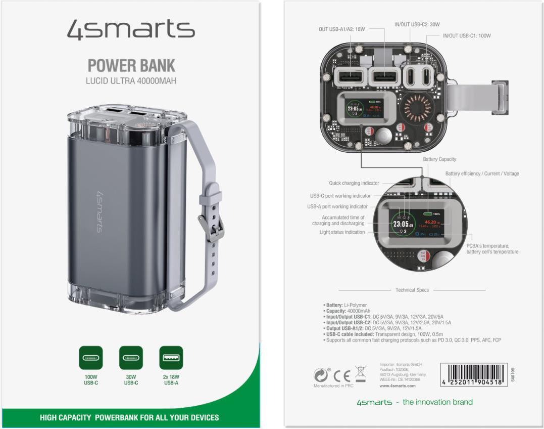 4smarts 540100 Powerbank Lithium Polymer (LiPo) 40000 mAh Grau (540100)