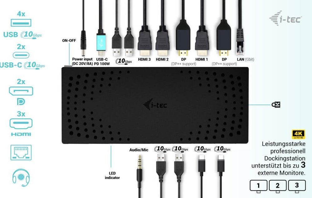 i-Tec - Dockingstation - USB-C / USB4 / USB3.0 Thunderbolt 3 / Thunderbolt 4 - 3 x HDMI, 2 x DP - GigE - 160 Watt - Europa (CATRIPLE4KDOCKPD2)
