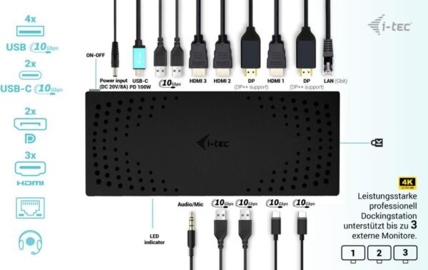 i-Tec - Dockingstation - USB-C / USB4 / USB3.0 Thunderbolt 3 / Thunderbolt 4 - 3 x HDMI, 2 x DP - GigE - 160 Watt - Europa (CATRIPLE4KDOCKPD2)