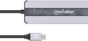 MANHATTAN USB-C 7-in-1-Dockingstation mit Power Delivery USB 3.2 Gen 1 Typ C-Stecker auf HDMI-Buchse (4K@30Hz), zwei USB-A Ports (5 Gbit/s), Gigabit-RJ45-Port, USB-C PD-Port (87 W), SD/MicroSD-Kartenleser, Aluminium, silber/schwarz (153928)