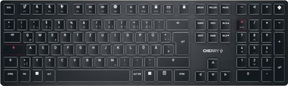 CHERRY KW X ULP - Tastatur - hintergrundbeleuchtet - kabellos - 2,4 GHz, Bluetooth 5,2, corded - QWERTZ - Deutsch - Tastenschalter: CHERRY MX Ultra Low Profile - Schwarz - plastikfreie Verpackung (G8U-27000LTBDE-2)