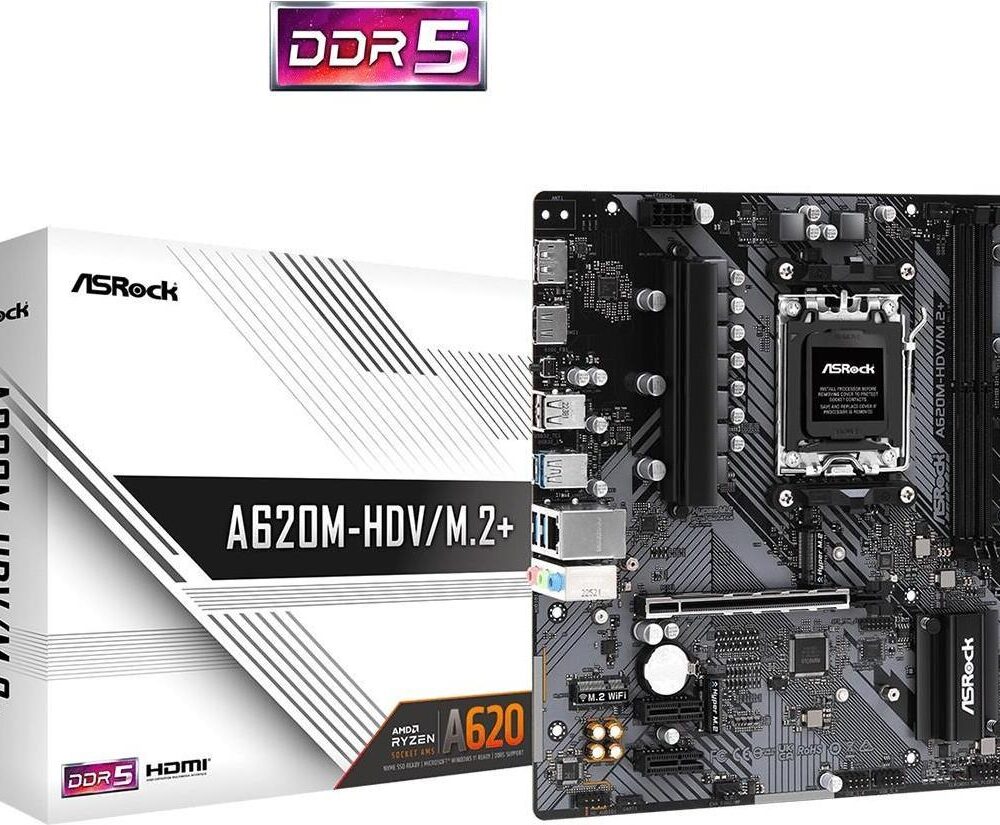 ASRock A620M-HDV/M.2+ - Motherboard - micro ATX - Socket AM5 - AMD A620 Chipsatz - USB 3,2 Gen 1, USB-C 3,2 Gen 1 - Gigabit LAN - Onboard-Grafik (CPU erforderlich) - HD Audio (8-Kanal) (90-MXBLK0-A0UAYZ)