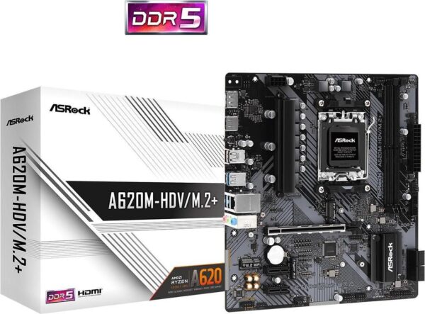 ASRock A620M-HDV/M.2+ - Motherboard - micro ATX - Socket AM5 - AMD A620 Chipsatz - USB 3,2 Gen 1, USB-C 3,2 Gen 1 - Gigabit LAN - Onboard-Grafik (CPU erforderlich) - HD Audio (8-Kanal) (90-MXBLK0-A0UAYZ)