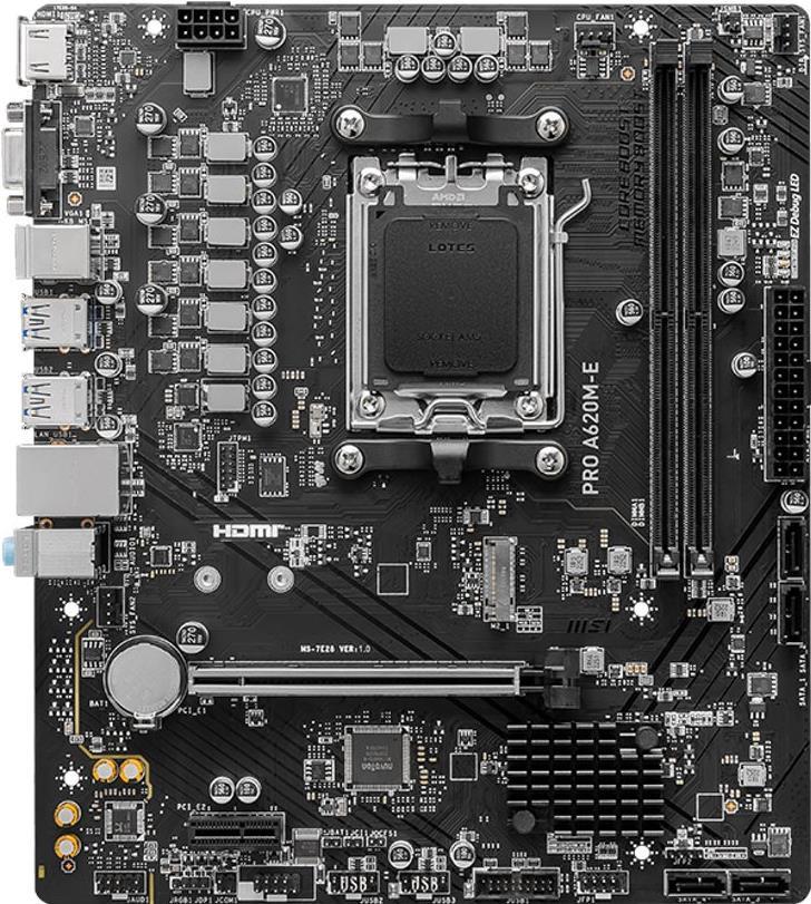 MSI PRO A620M-E - Motherboard - micro ATX - Socket AM5 - AMD A620 Chipsatz - USB 3,2 Gen 1 - Gigabit LAN - Onboard-Grafik (CPU erforderlich) - HD Audio (8-Kanal) (7E28-001R)