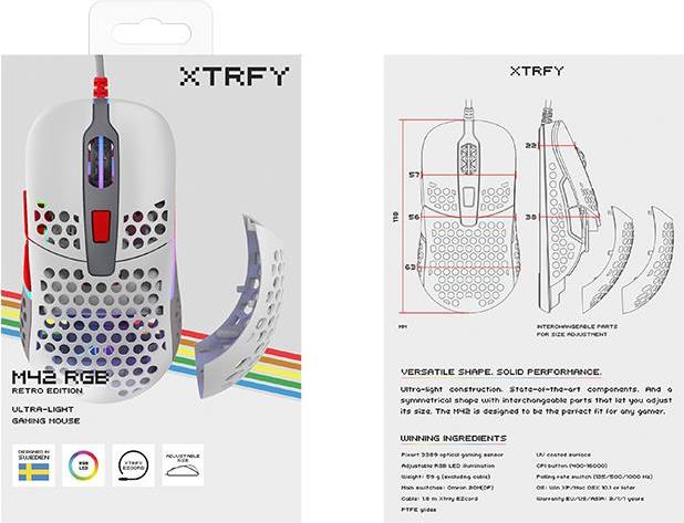 Xtrfy M42. Formfaktor: Beidhändig. Bewegungerfassungs Technologie: Optisch, Geräteschnittstelle: USB Typ-A, Bewegung Auflösung: 16000 DPI, Tastentyp: Gedrückte Tasten, Scroll Typ: Rad, Beschleunigung (Max.): 50 G. Farben der Beleuchtung: Multi. Energiequelle: Kabel. Produktfarbe: Mehrfarbig (M42-RGB-RETRO)