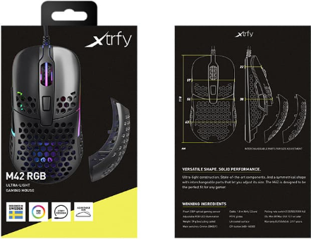 Xtrfy M42W-RGB-BLACK. Formfaktor: Beidhändig. Bewegungerfassungs Technologie: Optisch, Geräteschnittstelle: USB Typ-A, Bewegung Auflösung: 16000 DPI, Tastentyp: Gedrückte Tasten, Scroll Typ: Rad, Beschleunigung (Max.): 50 G. Farben der Beleuchtung: Multi. Energiequelle: Kabel. Produktfarbe: Schwarz (M42W-RGB-BLACK)