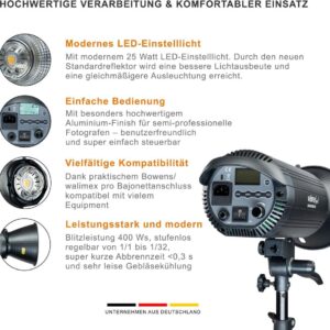 Walimex pro Campaigner 400 HS Studioblitz mit integriertem 2.4 GHz Empfänger, 400 Ws, Schnelle Abbrennzeit, LED-Einstelllicht Und Benutzerfreundliches Bedienpanel, Hochwertiger Aluminium-Finish (1023330)