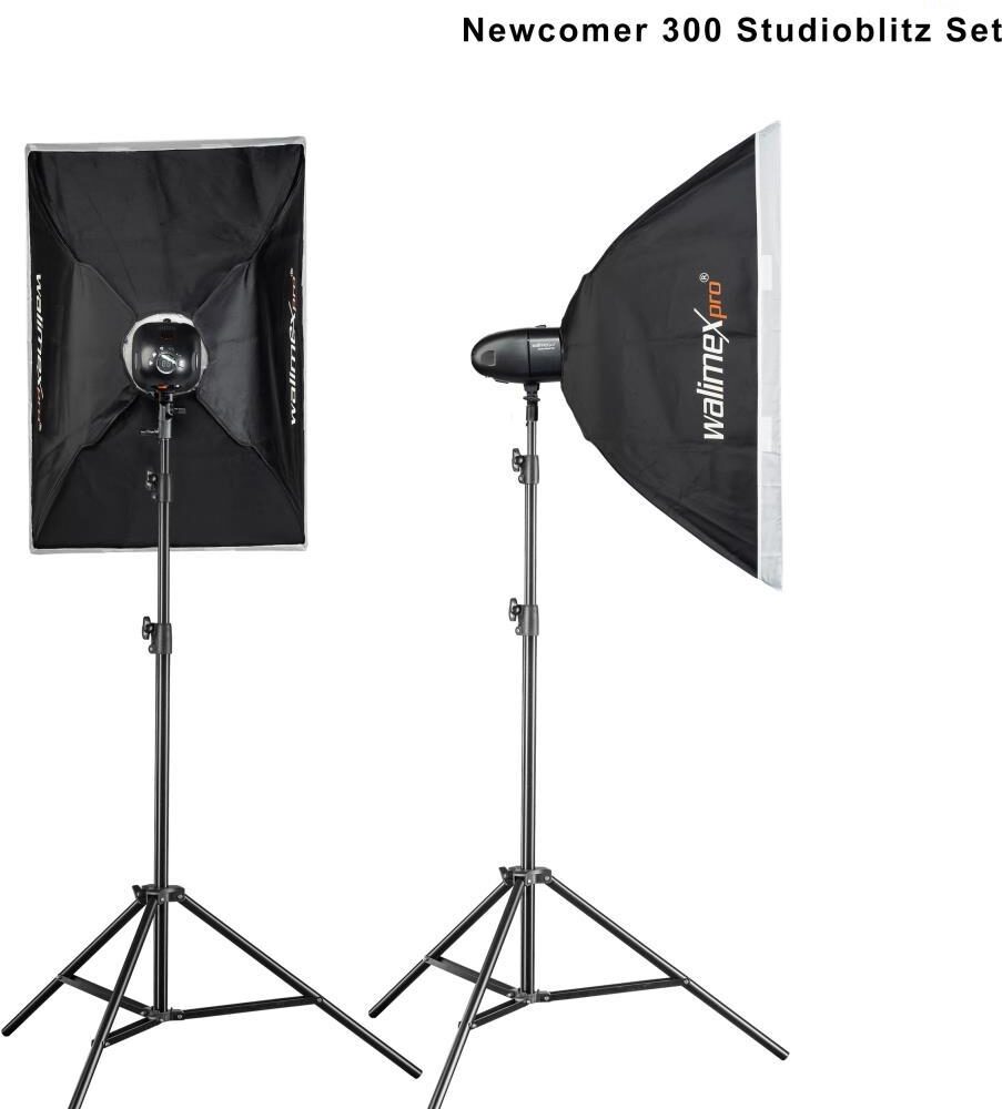 Walimex pro Newcomer 300 II Set Double - 300 Ws Blitzleistung, auslösen per Funk 2,4GHz, LED-Einstelllicht, Blitzdauer 1/800-1/1200s, Bowens/walimex pro-Anschluss, ideal für kleine Studios (1023376)