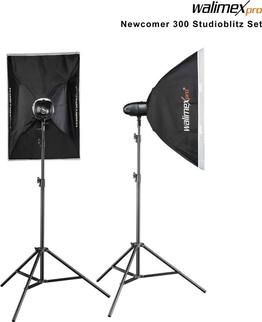 Walimex pro Newcomer 300 II Set Double - 300 Ws Blitzleistung, auslösen per Funk 2,4GHz, LED-Einstelllicht, Blitzdauer 1/800-1/1200s, Bowens/walimex pro-Anschluss, ideal für kleine Studios (1023376)