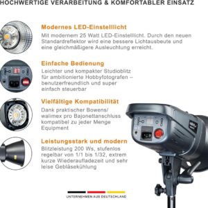 Walimex pro Emerger 200 Set Single - leistungsstarke Studio Blitzleuchte mit 2,4 GHz Empfänger, 200 Ws, kurzer Wiederaufladezeit, LED-Einstelllicht, 16 Kanäle und 4 Gruppen, kompakt und mobil (1023377)