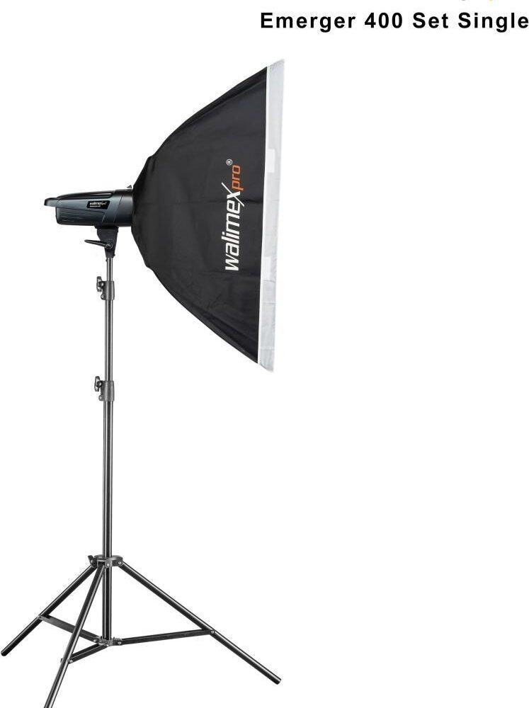 Walimex pro Emerger 400 Set Single - leistungsstarke Studio Blitzleuchte mit 2,4 GHz Empfänger, 400 Ws, kurzer Wiederaufladezeit, LED-Einstelllicht, 16 Kanäle und 4 Gruppen, kompakt und mobil (1023379)