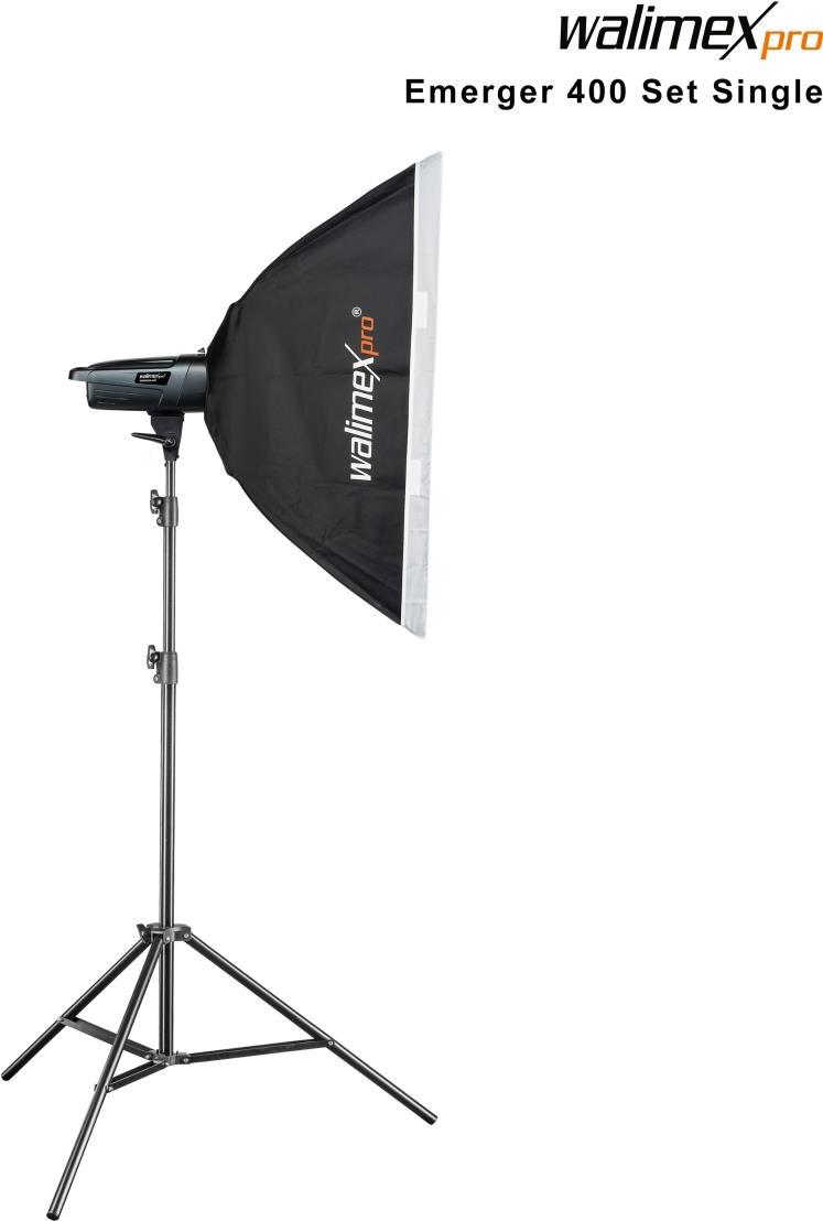 Walimex pro Emerger 400 Set Single - leistungsstarke Studio Blitzleuchte mit 2,4 GHz Empfänger, 400 Ws, kurzer Wiederaufladezeit, LED-Einstelllicht, 16 Kanäle und 4 Gruppen, kompakt und mobil (1023379)