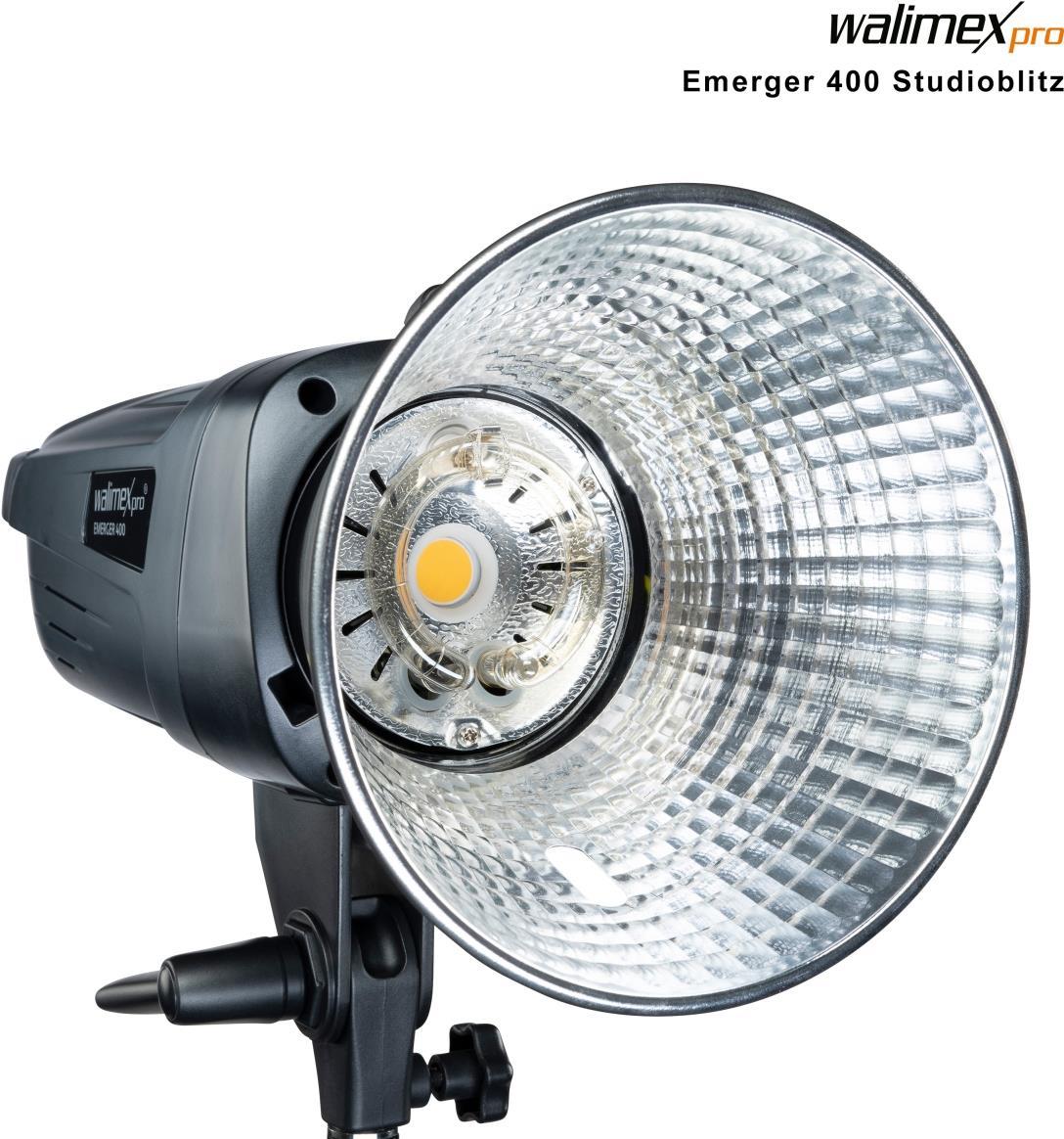 Walimex pro Emerger 400 Set Double - leistungsstarke Studio Blitzleuchte mit 2,4 GHz Empfänger, 400 Ws, kurzer Wiederaufladezeit, LED-Einstelllicht, 16 Kanäle und 4 Gruppen, kompakt und mobil (1023380)