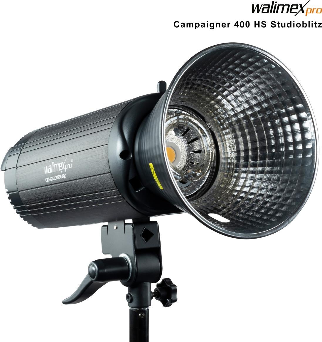 Walimex pro Campaigner 400 HS Set Single mit integriertem 2.4 GHz Empfänger, 400 Ws, Schnelle Abbrennzeit, LED-Einstelllicht Und Benutzerfreundliches Bedienpanel, Hochwertiger Aluminium-Finish (1023381)